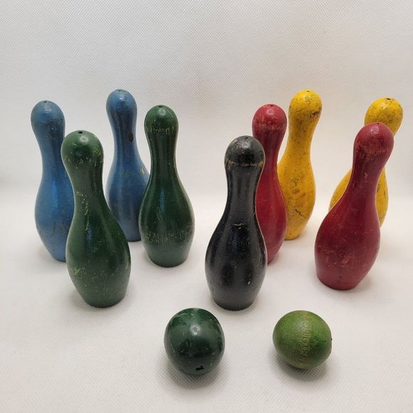 Mid-Century Wooden Toy Bowling Pin and Ball Set 1950s Rainbow - Picture 11 of 12